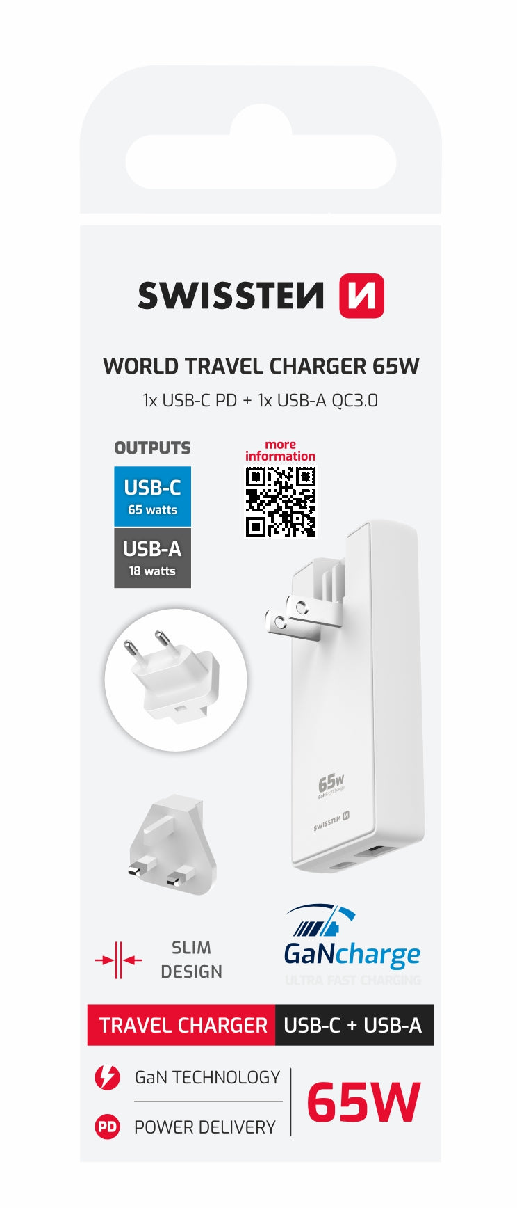 Adaptador Carregador World Travel USB-C + USB-A Swissten