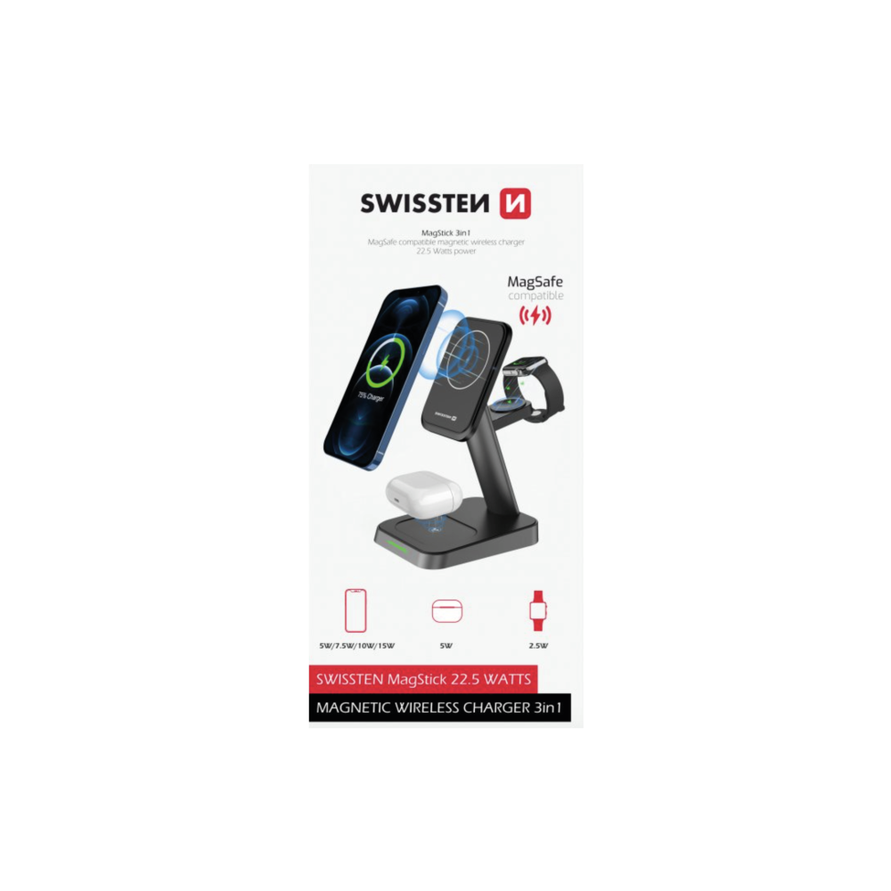 Carregador Wireless MagStick (MagSafe 3 em 1) 22.5W Swissten