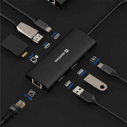 Adaptador HUB USB-C 8 em 1 Swissten (USB-C 100W, HDMI 4K, 2x USB 3.0, RJ45, SD, Micro SD)