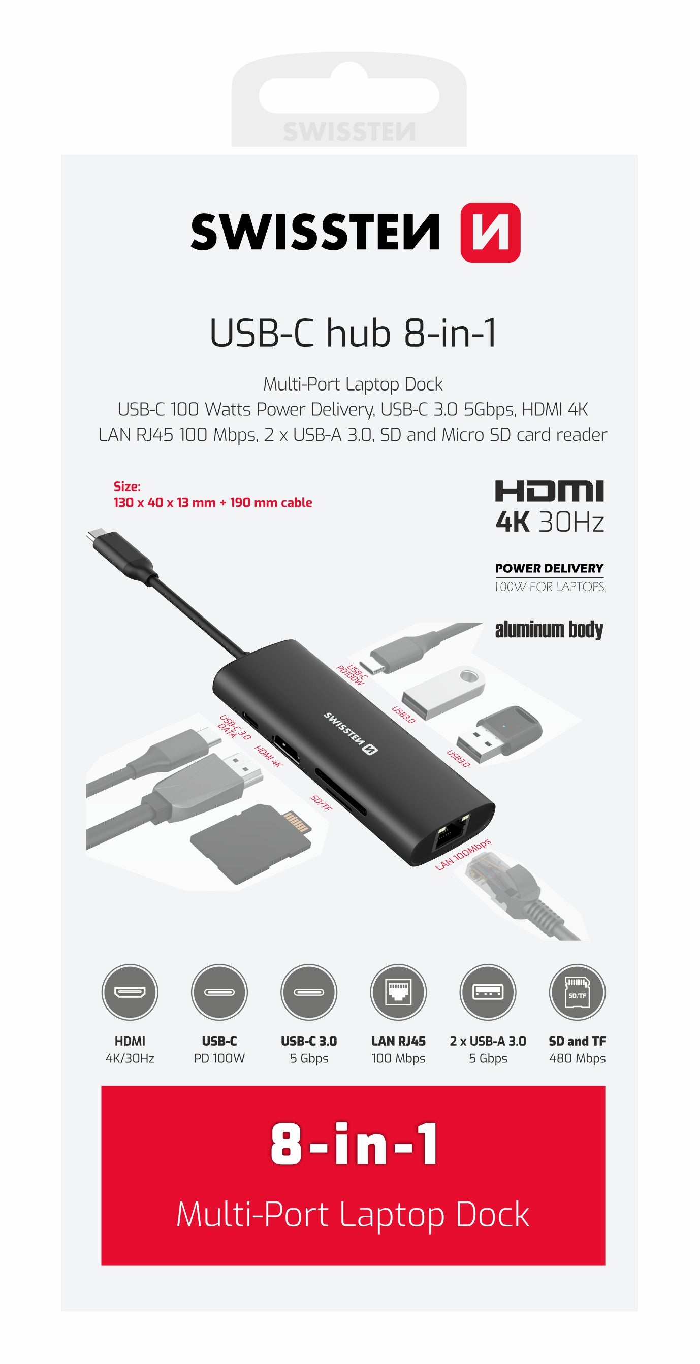 Adaptador HUB USB-C 8 em 1 Swissten (USB-C 100W, HDMI 4K, 2x USB 3.0, RJ45, SD, Micro SD)