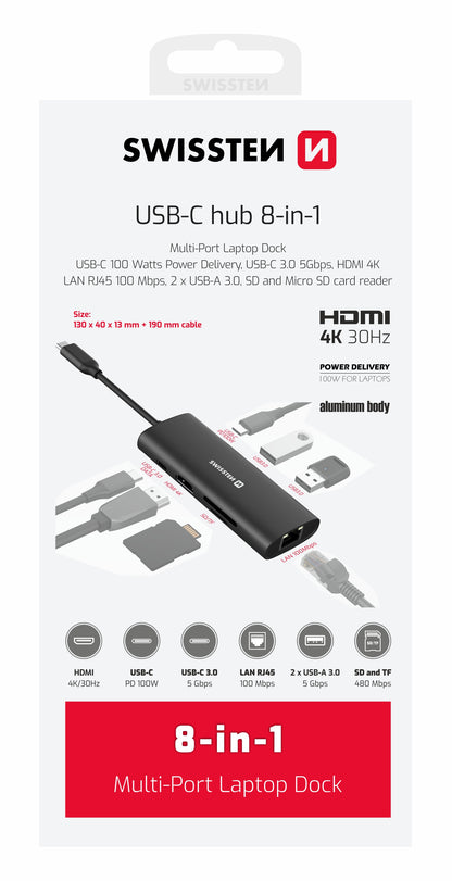 Adaptador HUB USB-C 8 em 1 Swissten (USB-C 100W, HDMI 4K, 2x USB 3.0, RJ45, SD, Micro SD)