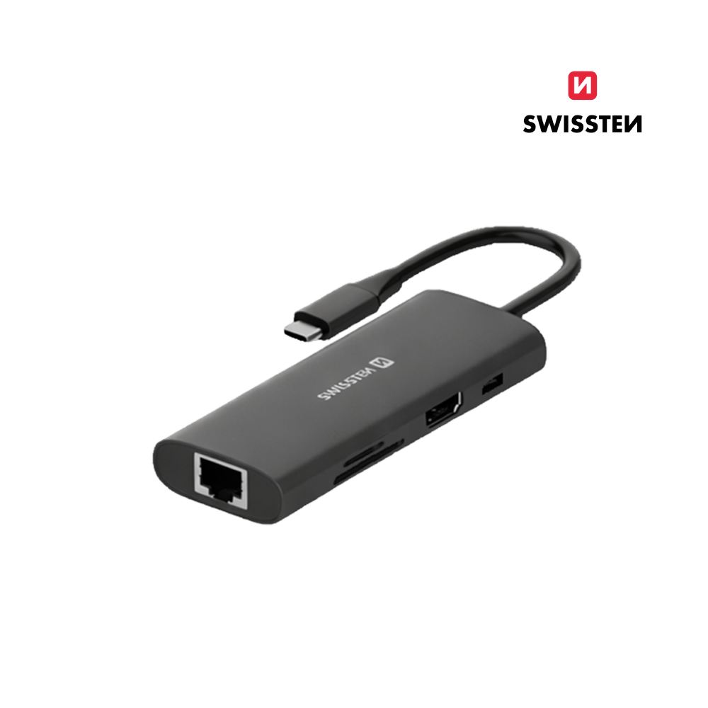 Adaptador HUB USB-C 8 em 1 Swissten (USB-C 100W, HDMI 4K, 2x USB 3.0, RJ45, SD, Micro SD)