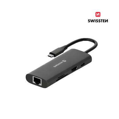 Adaptador HUB USB-C 8 em 1 Swissten (USB-C 100W, HDMI 4K, 2x USB 3.0, RJ45, SD, Micro SD)