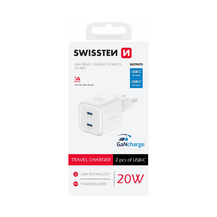 Adaptador de Corrente 2xUSB-C 20W Swissten