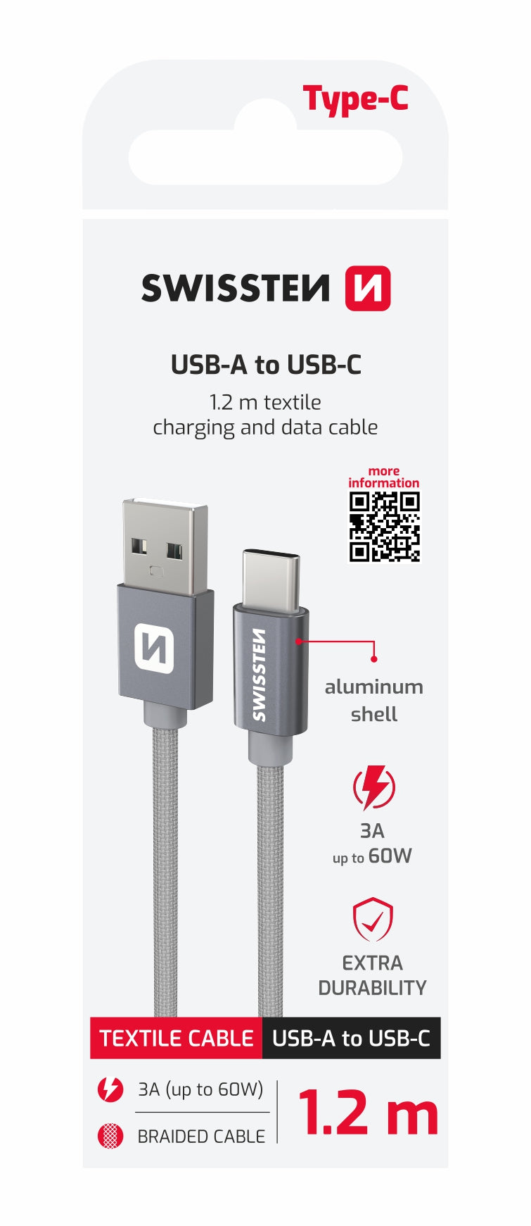 Cabo 1.2M Textile USB para USB-C Swissten