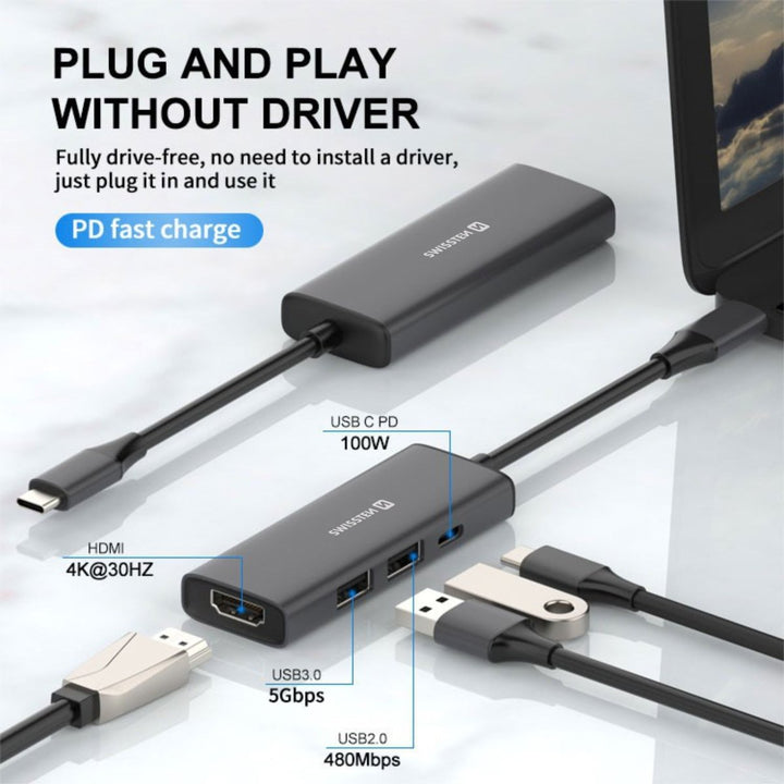 Adaptador HUB USB - C 4 em 1 Swissten (USB - C 100W, HDMI, 2x USB 3.0) - ISELL & REPAIR