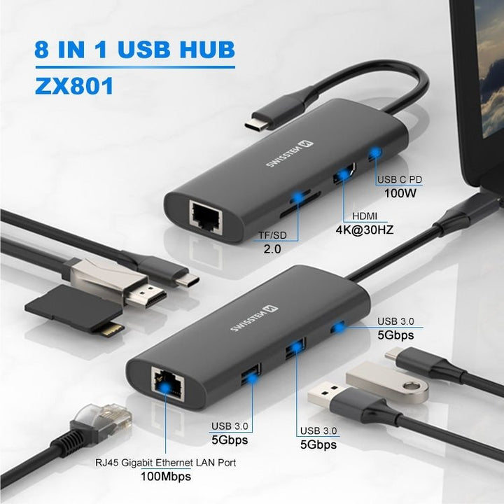 Adaptador HUB USB - C 8 em 1 Swissten (USB - C 100W, HDMI 4K, 2x USB 3.0, RJ45, SD, Micro SD) - ISELL & REPAIR