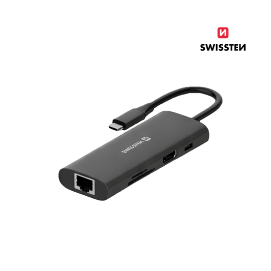 Adaptador HUB USB - C 8 em 1 Swissten (USB - C 100W, HDMI 4K, 2x USB 3.0, RJ45, SD, Micro SD) - ISELL & REPAIR