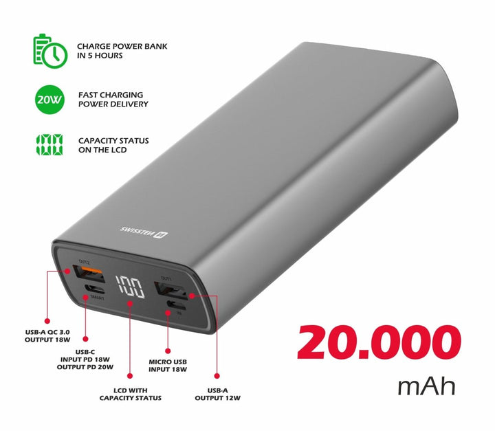 Power Bank 20000 mAh 20W Power Delivery Swissten - ISELL & REPAIR