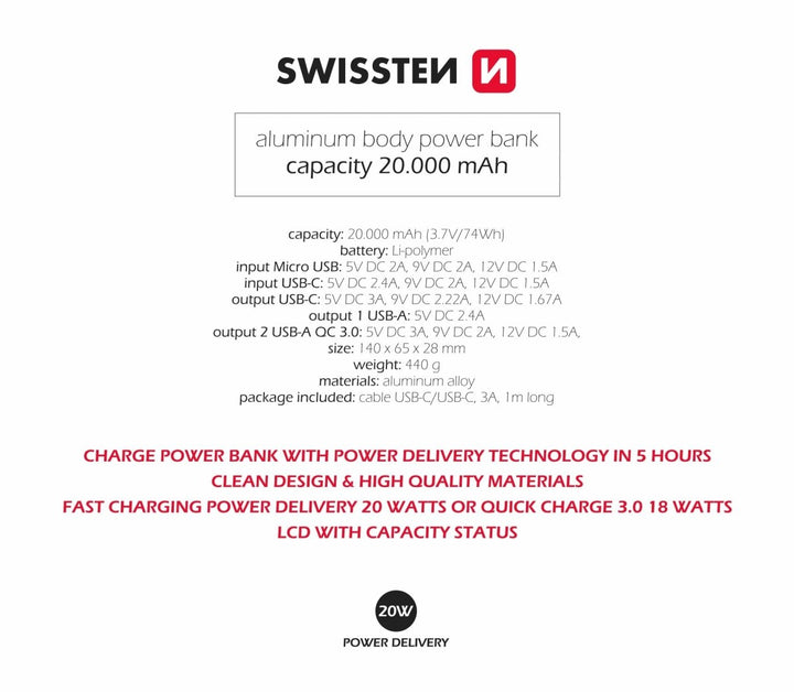 Power Bank 20000 mAh 20W Power Delivery Swissten - ISELL & REPAIR