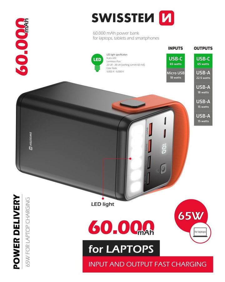 Power Bank 60000 mAh Power Line (Com Lanterna) Swissten - ISELL & REPAIR