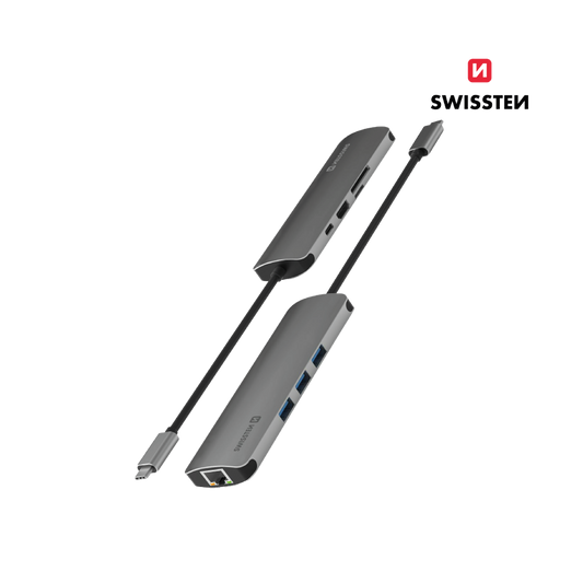 Adaptador HUB USB-C 8 em 1 Swissten (USB-C PD, 3x USB 3.0, HDMI 4K, RJ45, SD/MicroSD)