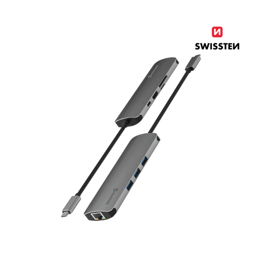 Adaptador HUB USB - C 8 em 1 Swissten (USB - C 100W, HDMI 4K, 3x USB 3.0, RJ45, SD, Micro) - ISELL & REPAIR