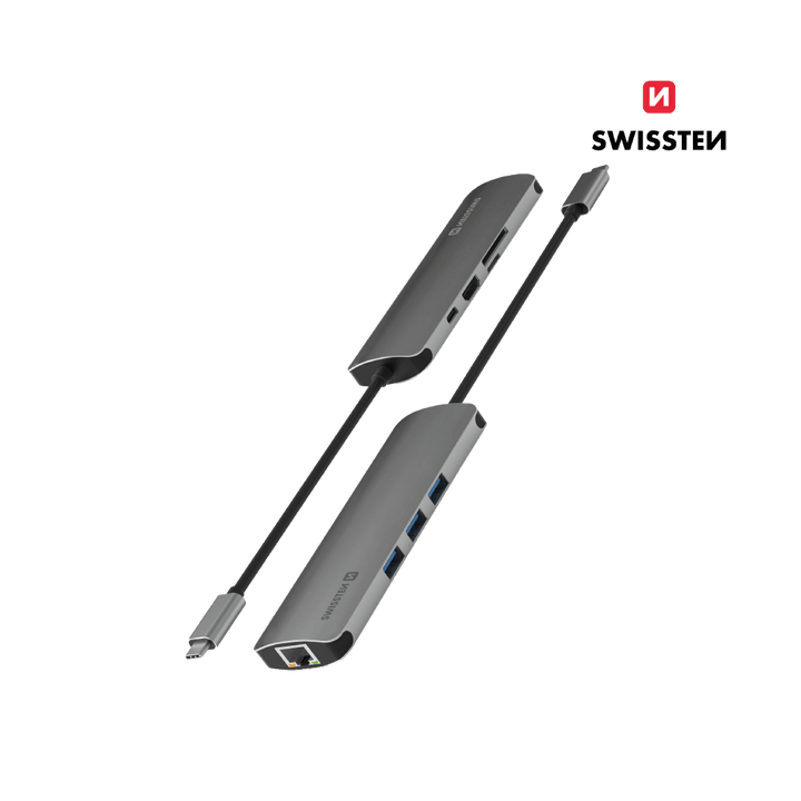 Adaptador HUB USB - C 8 em 1 Swissten (USB - C 100W, HDMI 4K, 3x USB 3.0, RJ45, SD, Micro) - ISELL & REPAIR